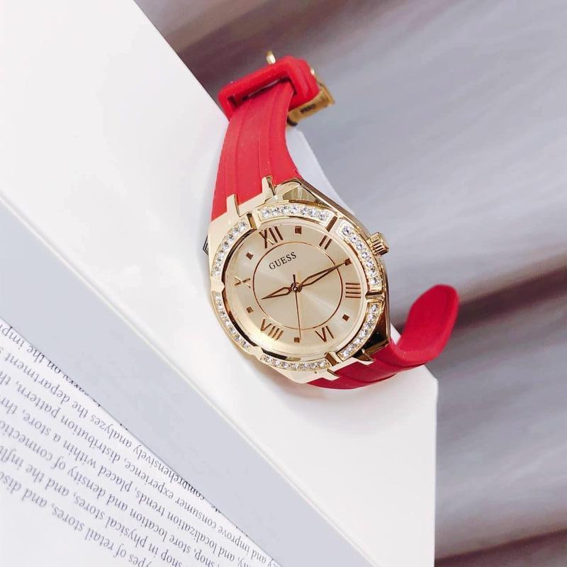 Guess Cosmo Diamonds Gold Dial Red Rubber Strap Watch for Women - GW0034L6
