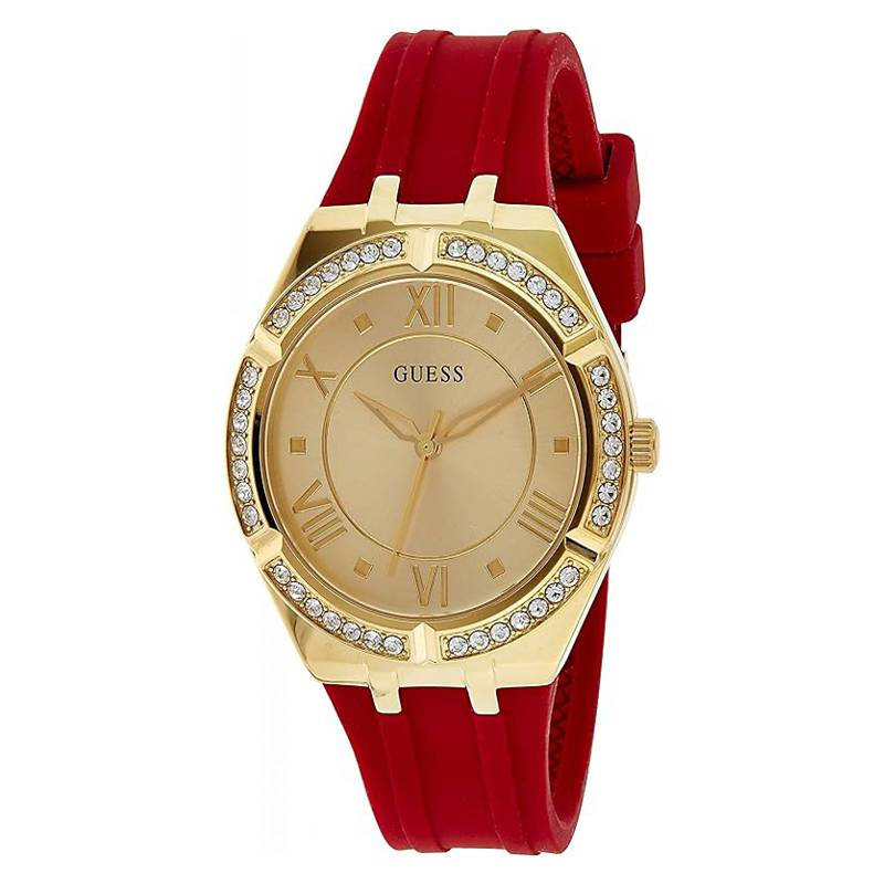 Guess Cosmo Diamonds Gold Dial Red Rubber Strap Watch for Women - GW0034L6