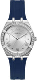 Guess Cosmo Diamonds Silver Dial Blue Rubber Strap Watch for Women - GW0034L5