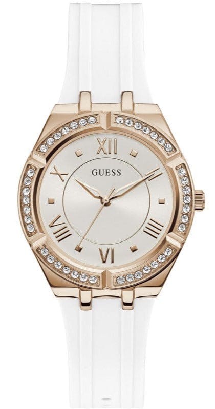 Guess Cosmo Diamonds Silver Dial White Rubber Strap Watch for Women - GW0034L2