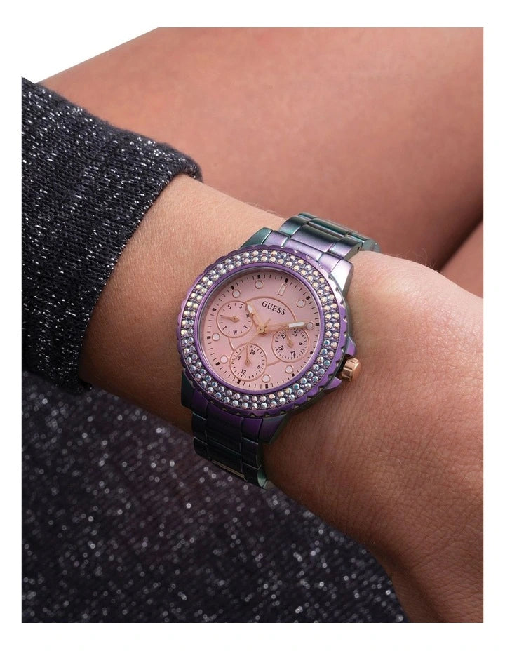 Guess Crown Jewel Diamonds Purple Dial Purple Steel Strap Watch for Women - GW0410L4