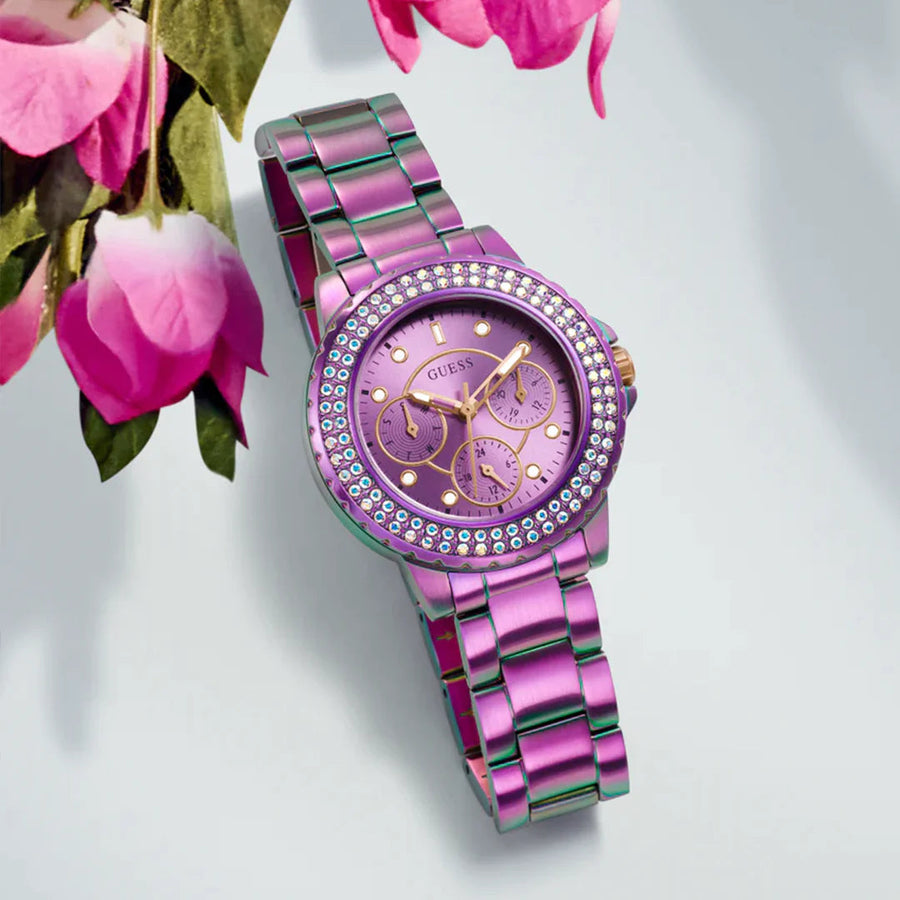 Guess Crown Jewel Diamonds Purple Dial Purple Steel Strap Watch for Women - GW0410L4