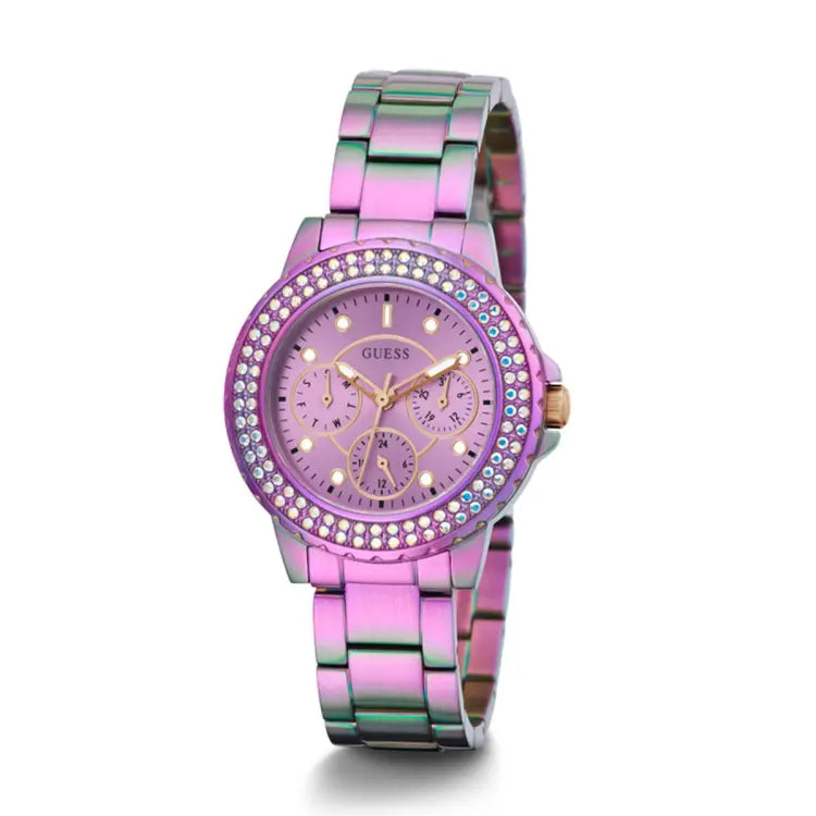 Guess Crown Jewel Diamonds Purple Dial Purple Steel Strap Watch for Women - GW0410L4