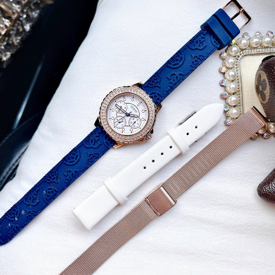 Guess Crown Jewel Diamonds White Dial Blue Rubber Strap Watch for Women - GW0411L2