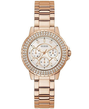 Guess Crown Jewel Multifunction Diamonds White Dial Rose Gold Steel Strap Watch For Women - GW0410L3