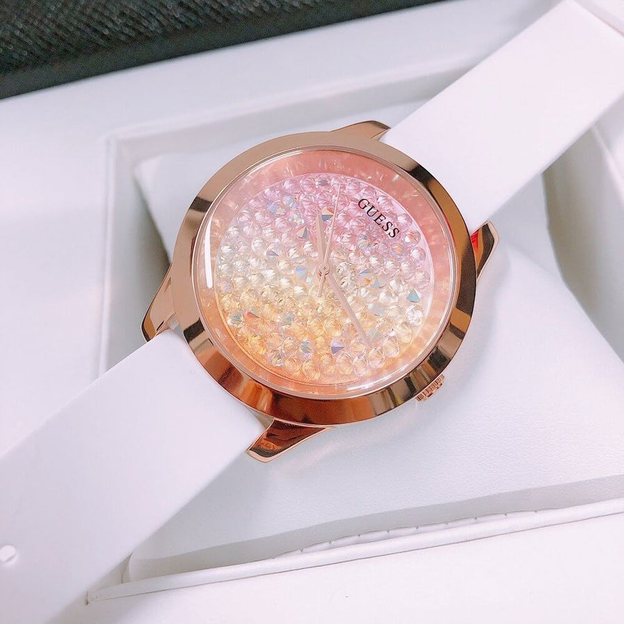 Guess Crush Crystals Gold Dial White Rubber Strap Watch for Women - W1223L3