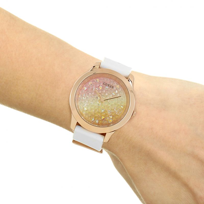 Guess Crush Crystals Gold Dial White Rubber Strap Watch for Women - W1223L3