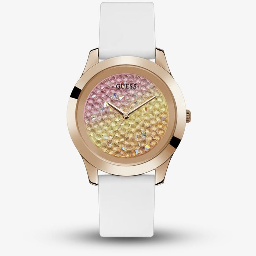 Guess Crush Crystals Gold Dial White Rubber Strap Watch for Women - W1223L3