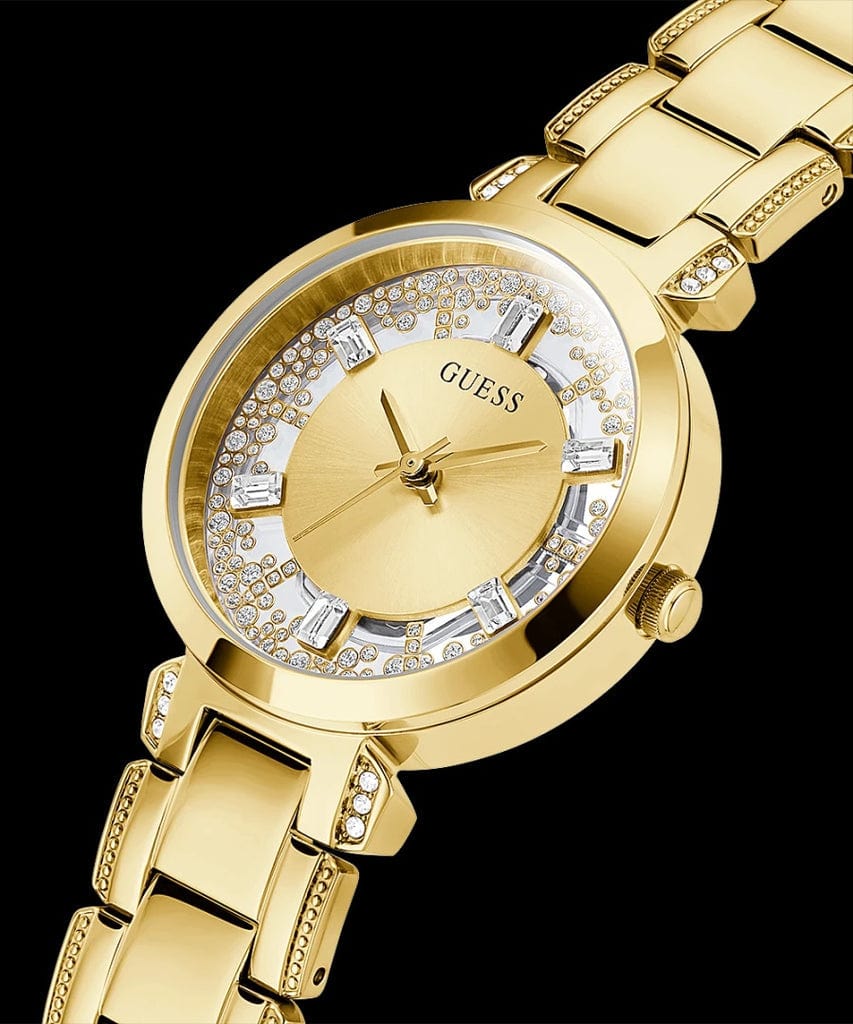 Guess Crystal Clear Analog Gold Dial Gold Steel Strap Watch for Women - GW0470L2