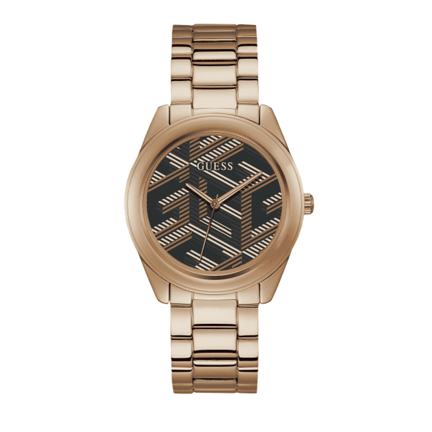 Guess Cubed Analog Black Dial Rose Gold Steel Strap Watch For Women - GW0607L3