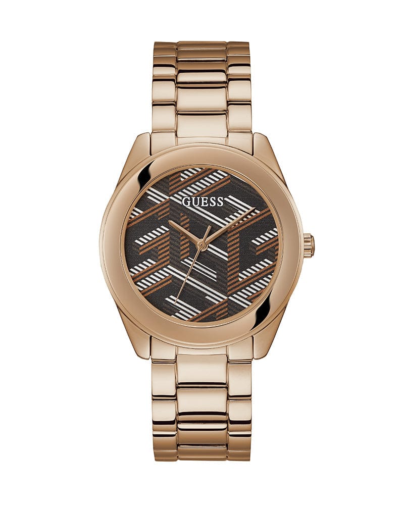 Guess Cubed Analog Black Dial Rose Gold Steel Strap Watch For Women - GW0607L3