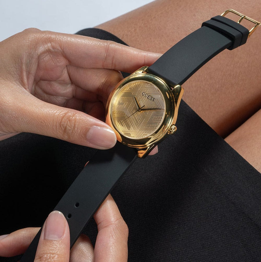 Guess Cubed Analog Gold Dial Black Silicone Strap Watch For Women - GW0665L1