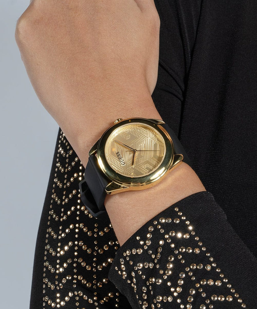 Guess Cubed Analog Gold Dial Black Silicone Strap Watch For Women - GW0665L1