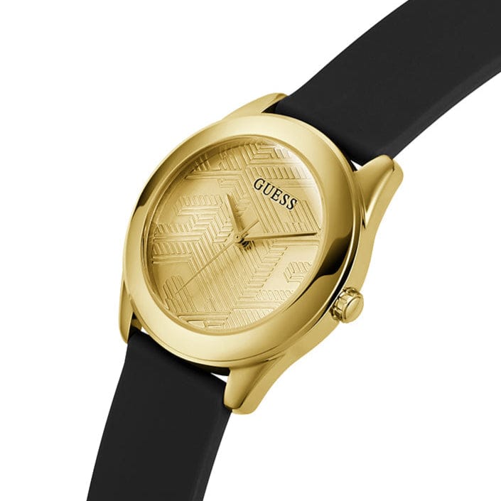 Guess Cubed Analog Gold Dial Black Silicone Strap Watch For Women - GW0665L1