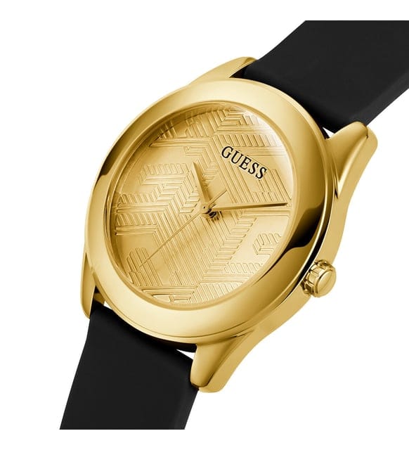 Guess Cubed Analog Gold Dial Black Silicone Strap Watch For Women - GW0665L1