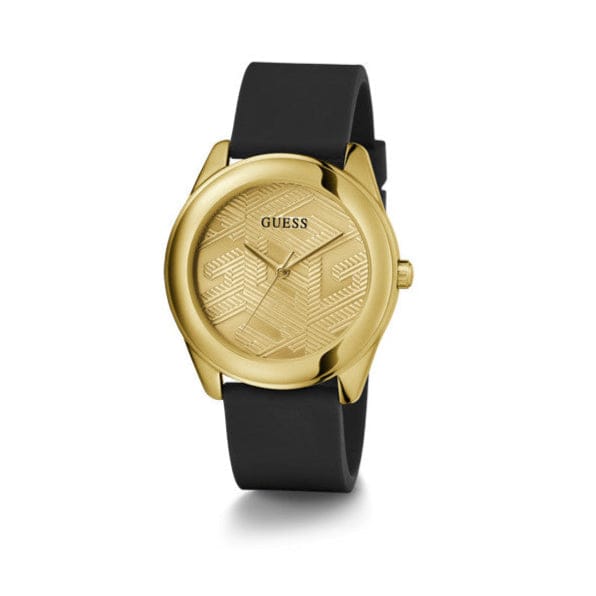 Guess Cubed Analog Gold Dial Black Silicone Strap Watch For Women - GW0665L1