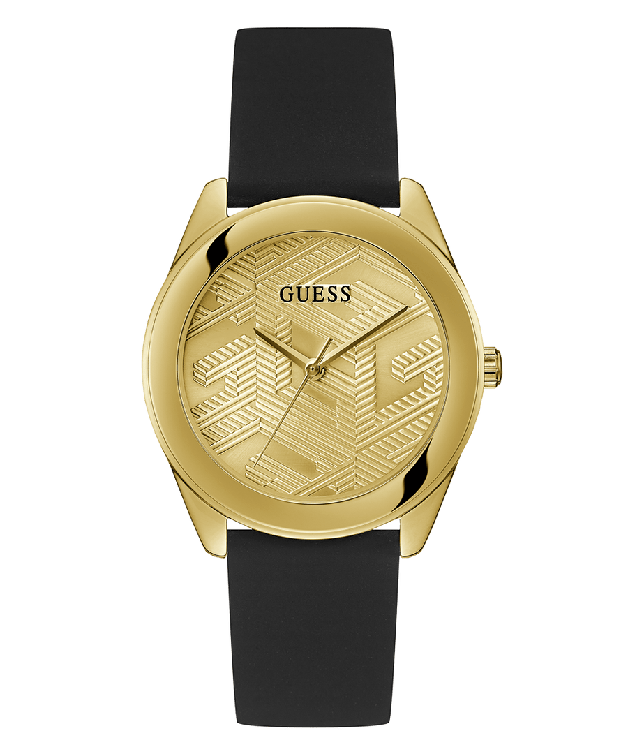 Guess Cubed Analog Gold Dial Black Silicone Strap Watch For Women - GW0665L1