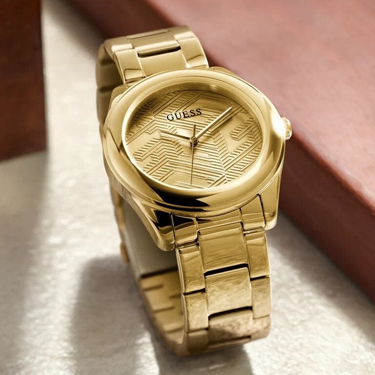 Guess Cubed Analog Gold Dial Gold Steel Strap Watch For Women - GW0606L2