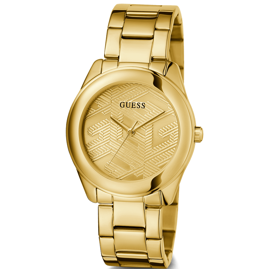 Guess Cubed Analog Gold Dial Gold Steel Strap Watch For Women - GW0606L2