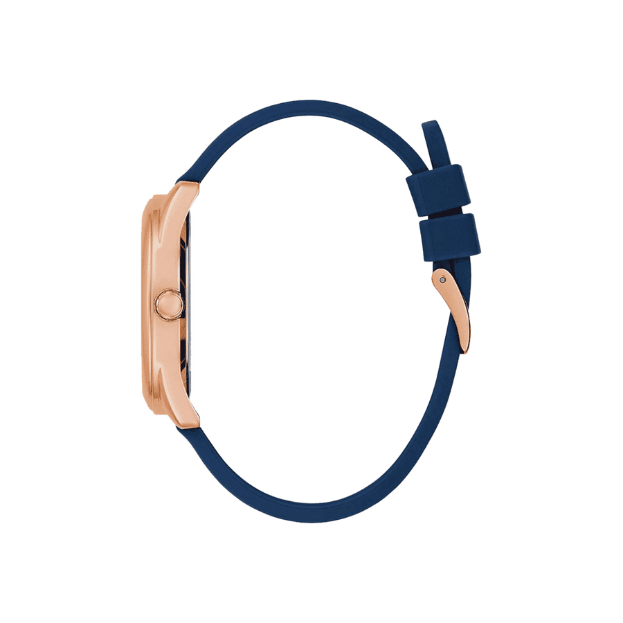 Guess Cubed Analog Rose Gold Dial Blue Leather Strap Watch For Women - GW0665L2