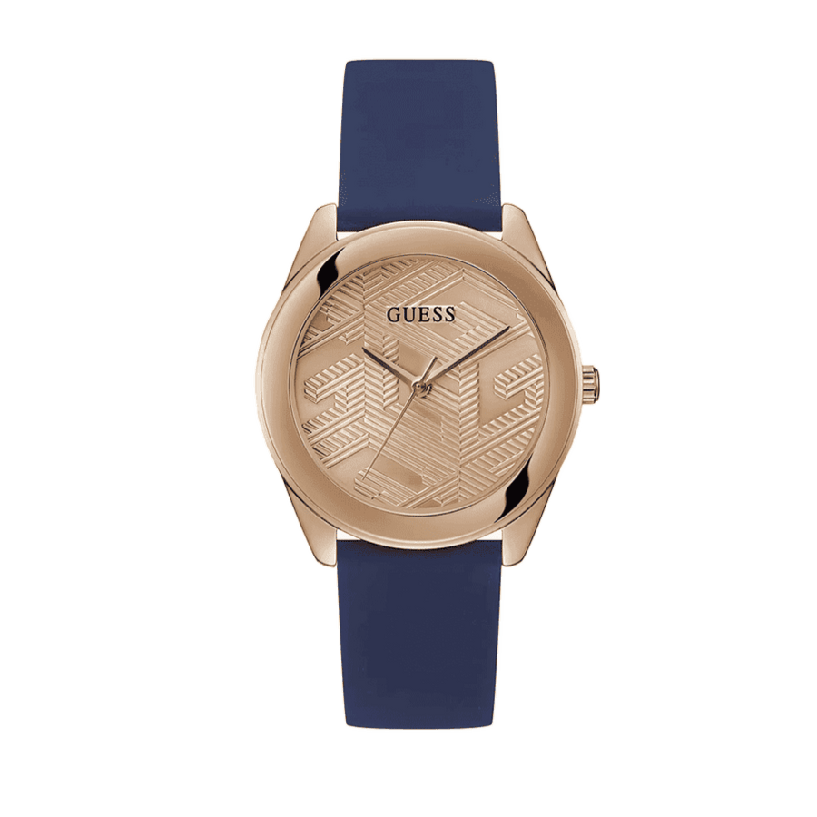 Guess Cubed Analog Rose Gold Dial Blue Leather Strap Watch For Women - GW0665L2