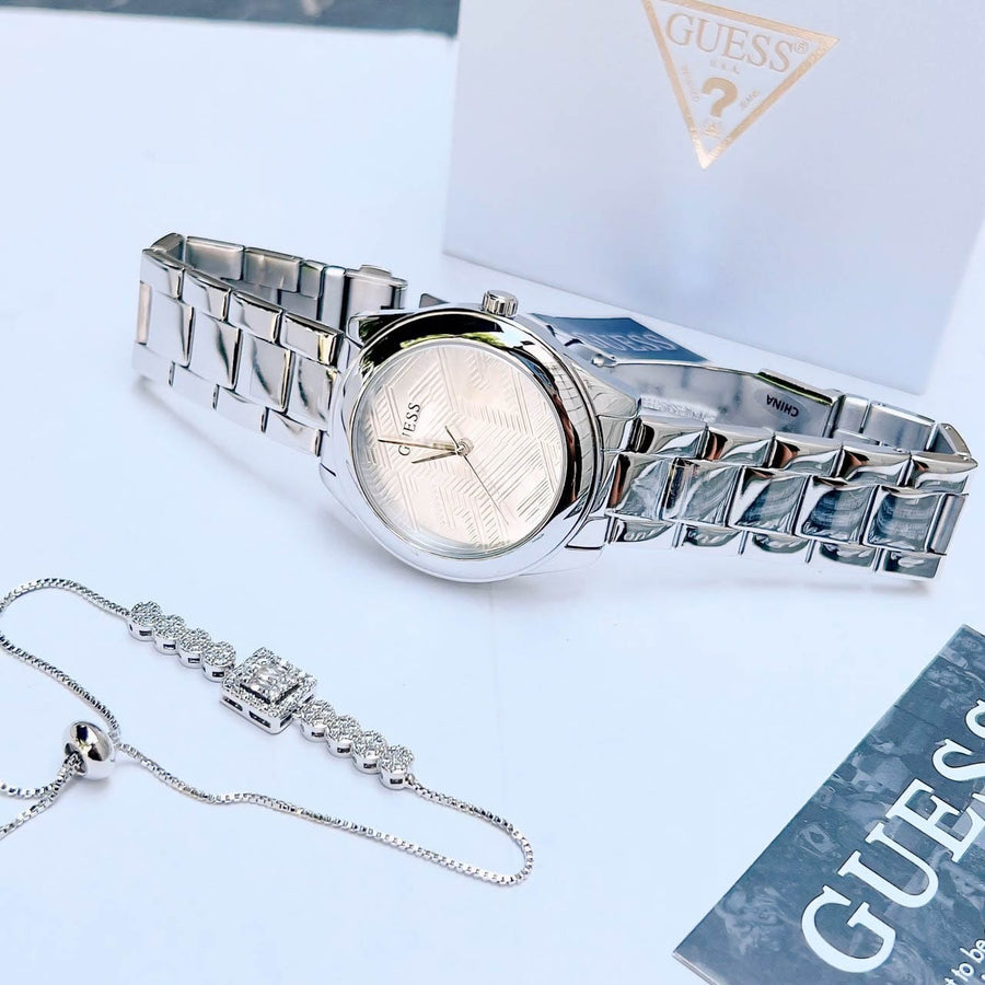 Guess Cubed Analog Silver Dial Silver Steel Strap Watch For Women - GW0606L1