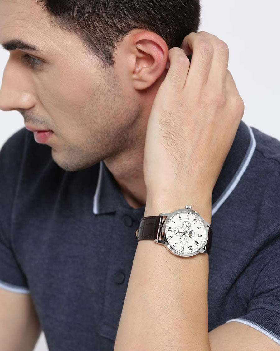 Guess Delancy Quartz White Dial Brown Leather Strap Watch For Men - W0870G1