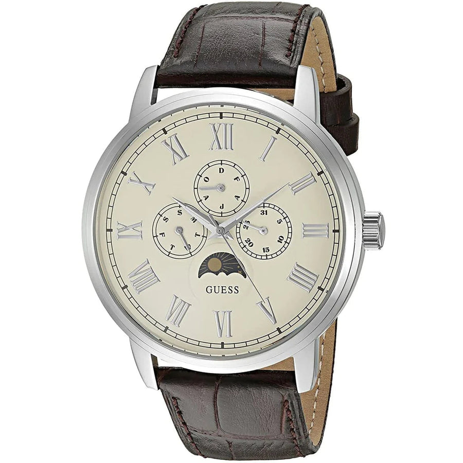 Guess Delancy Quartz White Dial Brown Leather Strap Watch For Men - W0870G1