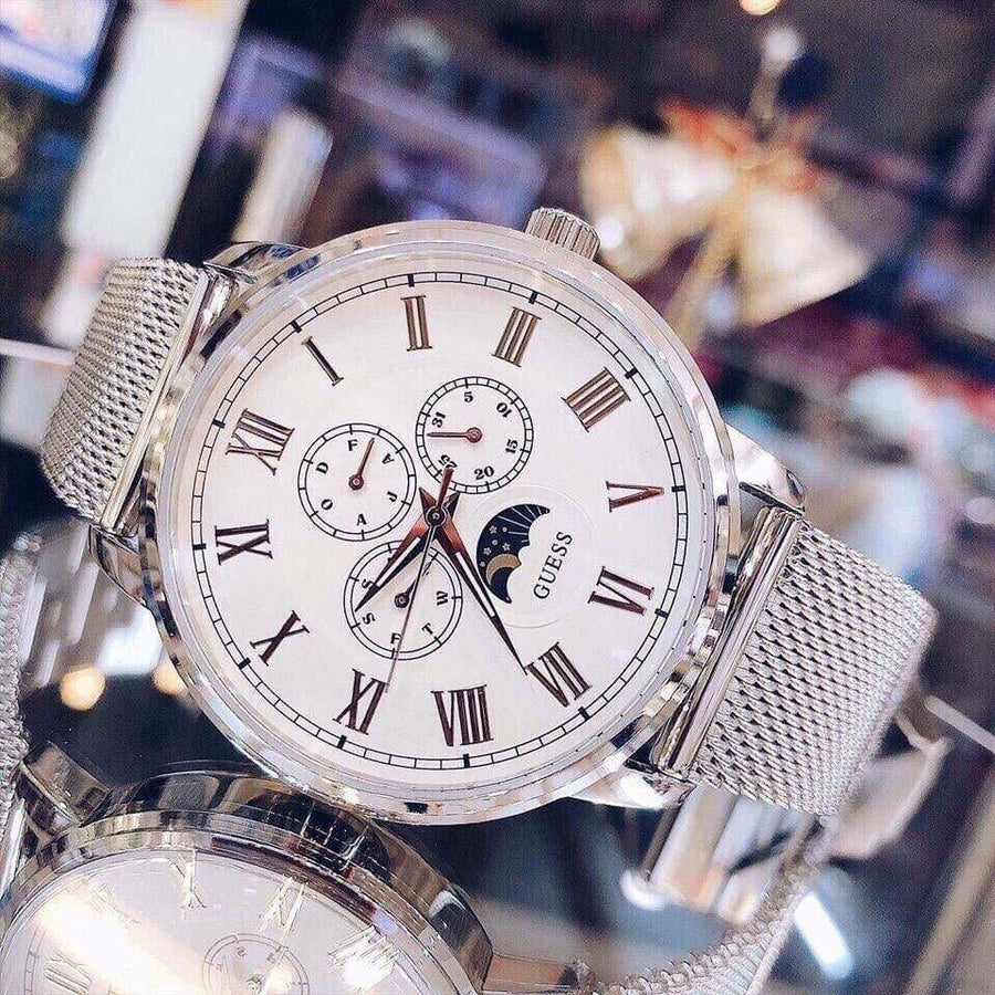 Guess Delancy White Dial Silver Mesh Bracelet Watch for Men - W0871G4