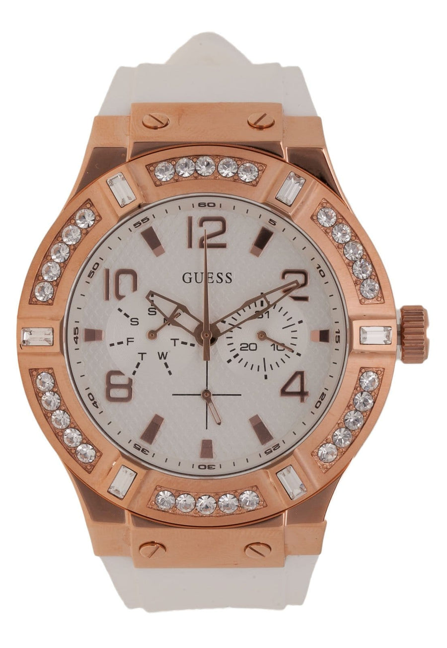 Guess Diamonds White Dial White Rubber Strap Watch For Women - W0426L1
