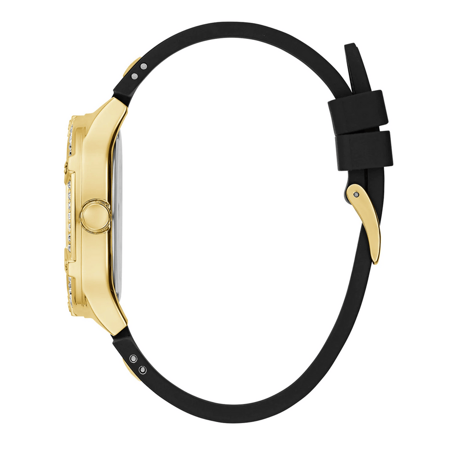 Guess Duchess Crystals Gold Dial Black Silicon Strap Watch For Women - GW0619L2