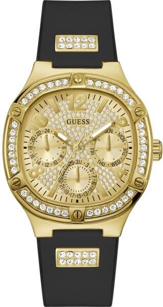 Guess Duchess Crystals Gold Dial Black Silicon Strap Watch For Women - GW0619L2