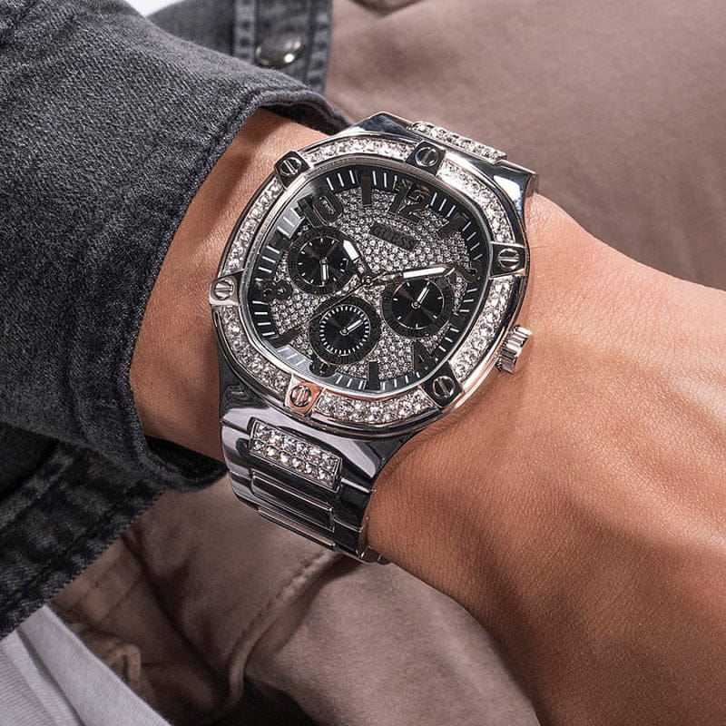 Guess Duke Glitz Black Dial Silver Steel Strap Watch For Men - GW0576G1