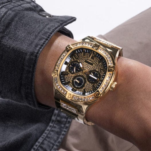 Guess Duke Glitz Crystals Gold Dial Gold Steel Strap Watch For Men - GW0576G2