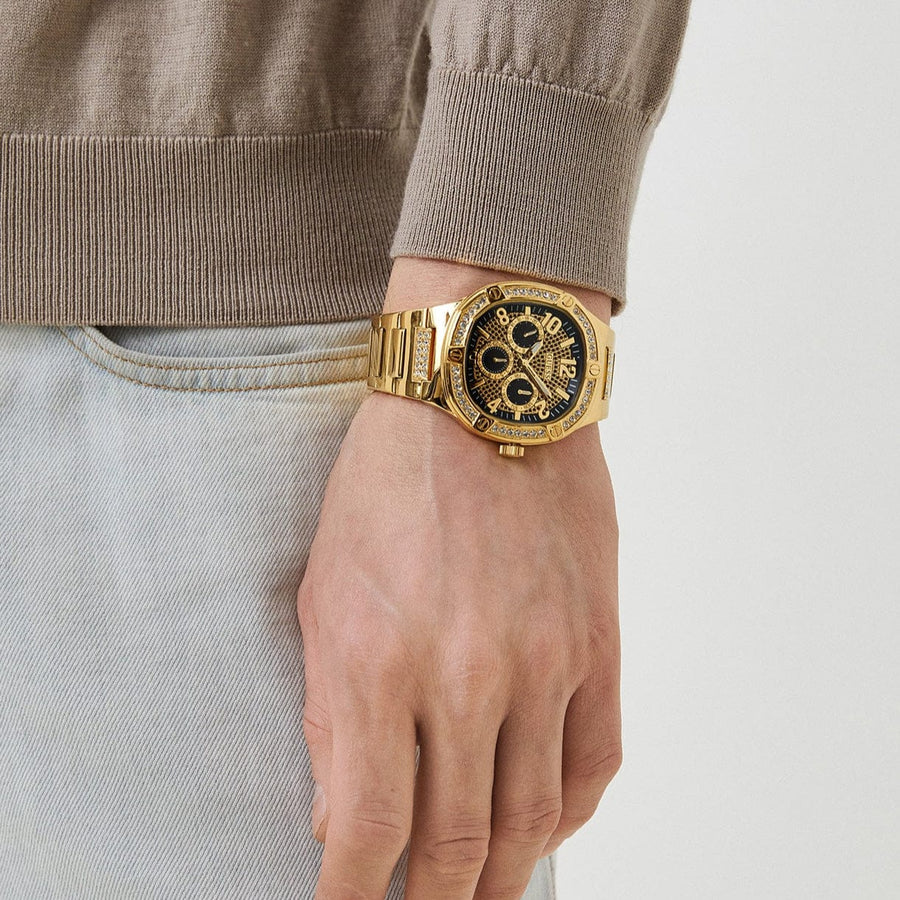 Guess Duke Glitz Crystals Gold Dial Gold Steel Strap Watch For Men - GW0576G2