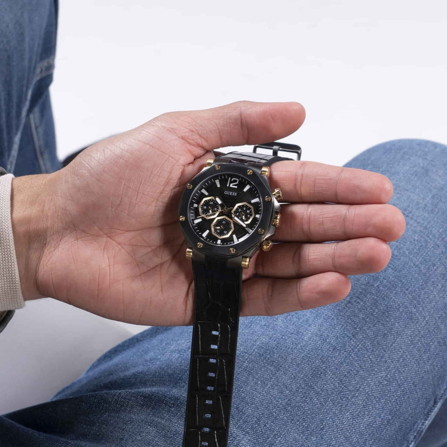 Guess Edge Chronograph Black Dial Black Leather Strap Watch For Men - GW0492G1