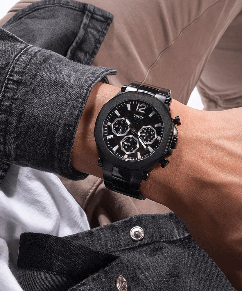 Guess Edge Chronograph Black Dial Black Steel Strap Watch For Men - GW0539G3