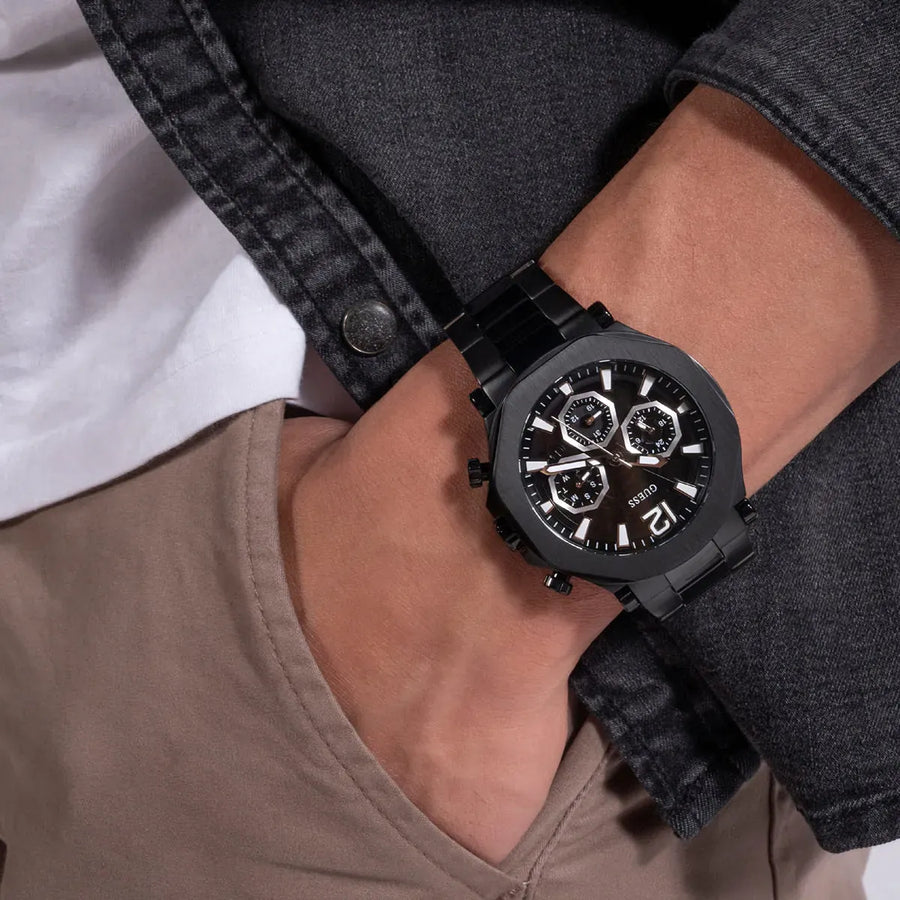 Guess Edge Chronograph Black Dial Black Steel Strap Watch For Men - GW0539G3