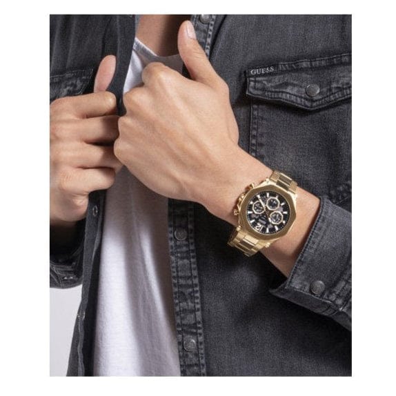 Guess Edge Chronograph Black Dial Gold Steel Strap Watch For Men - GW0539G2
