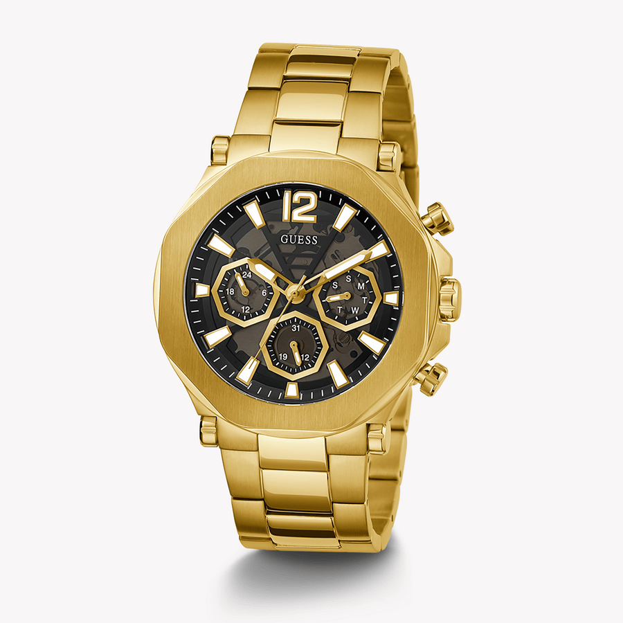 Guess Edge Chronograph Black Dial Gold Steel Strap Watch For Men - GW0539G2