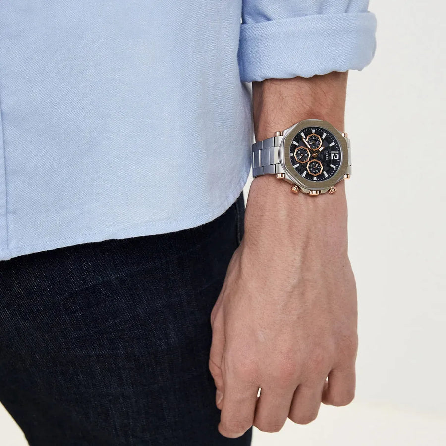 Guess Edge Chronograph Black Dial Silver Steel Strap Watch For Men - GW0539G1