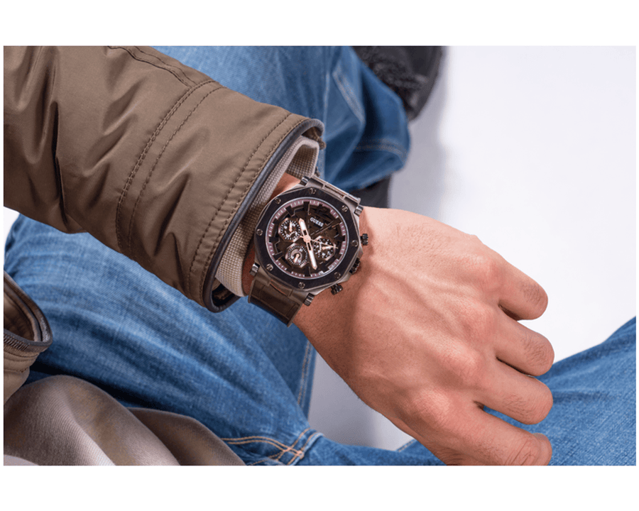 Guess Edge Chronograph Brown Dial Brown Leather Strap Watch For Men - GW0492G2