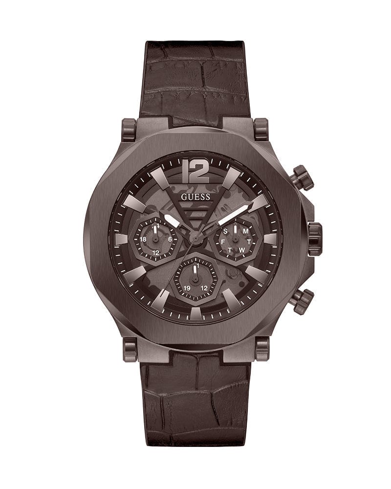 Guess Edge Chronograph Brown Dial Brown Leather Strap Watch For Men - GW0492G2