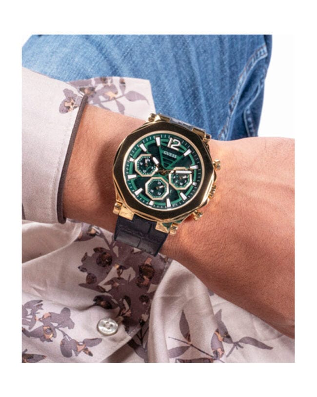 Guess Edge Chronograph Green Dial Black Leather Strap Watch For Men - GW0492G3