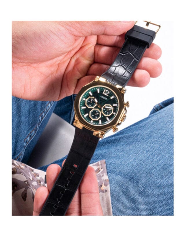 Guess Edge Chronograph Green Dial Black Leather Strap Watch For Men - GW0492G3