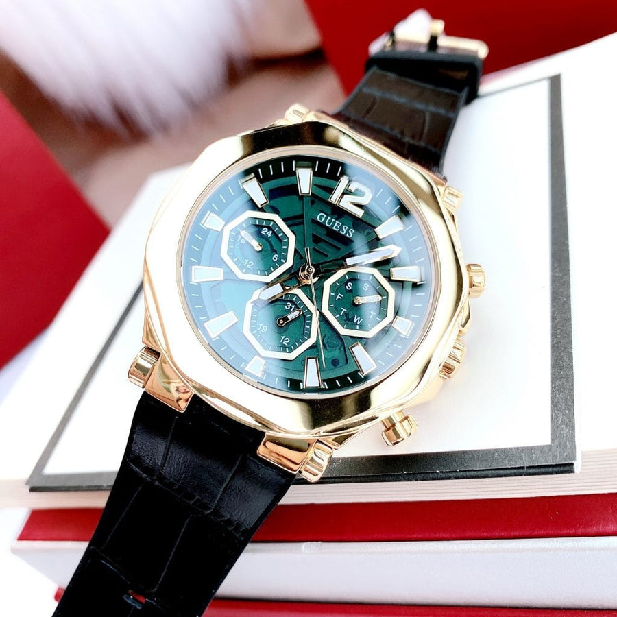 Guess Edge Chronograph Green Dial Black Leather Strap Watch For Men - GW0492G3