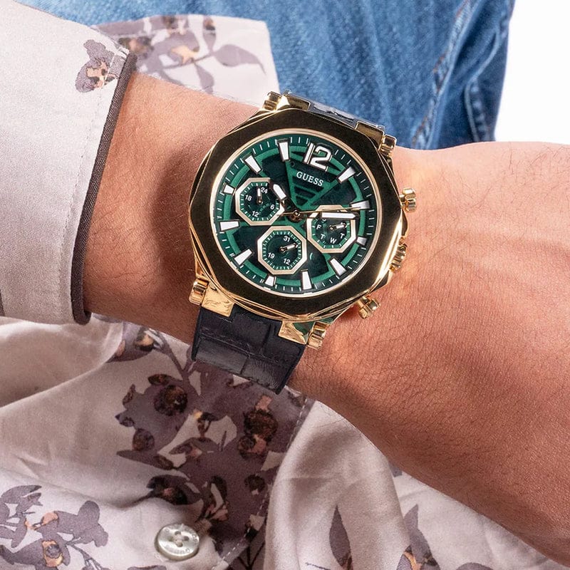 Guess Edge Chronograph Green Dial Black Leather Strap Watch For Men - GW0492G3