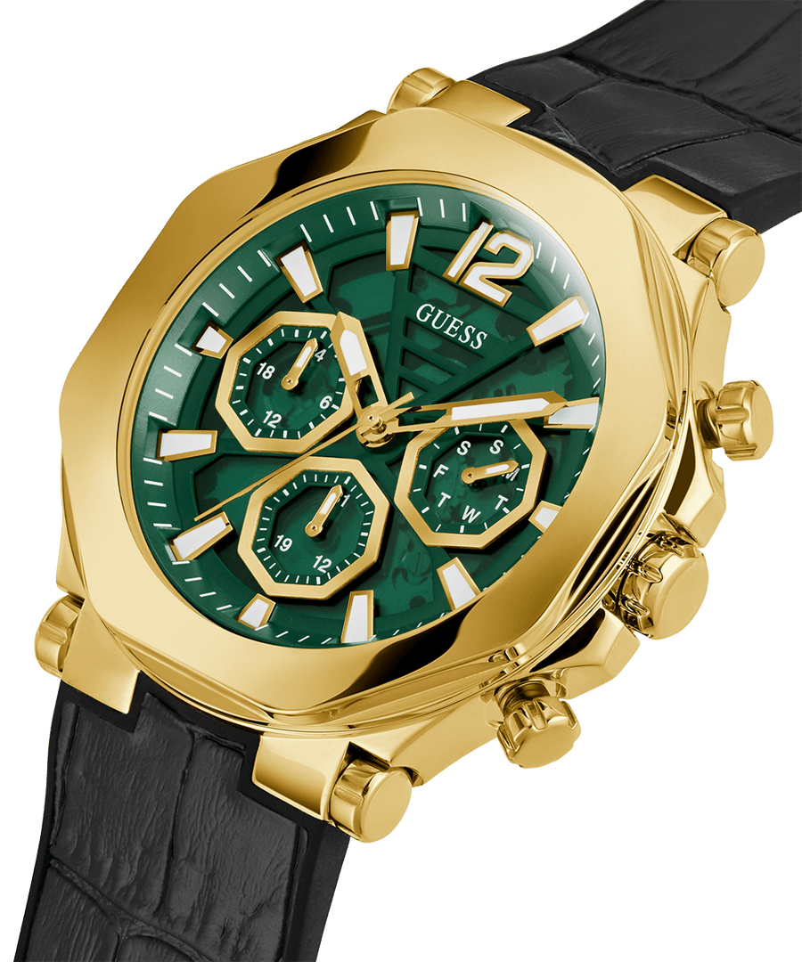 Guess Edge Chronograph Green Dial Black Leather Strap Watch For Men - GW0492G3
