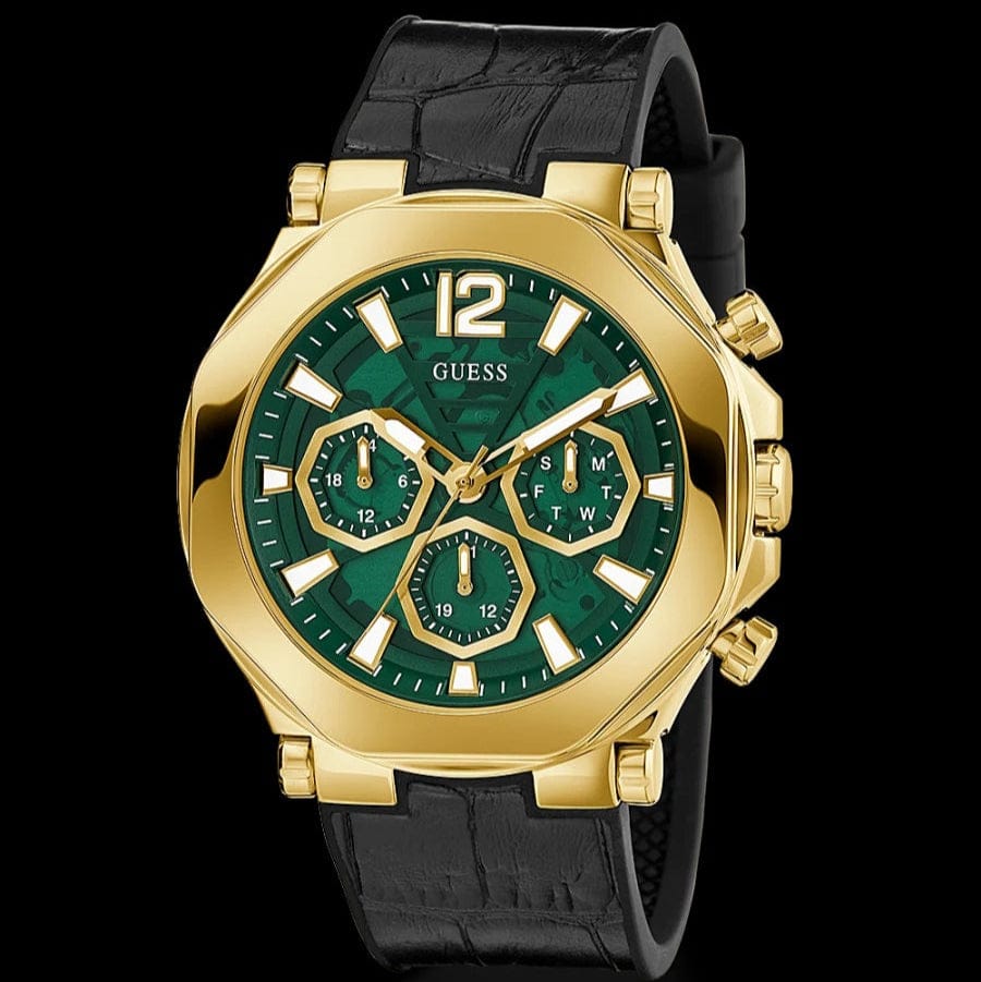 Guess Edge Chronograph Green Dial Black Leather Strap Watch For Men - GW0492G3