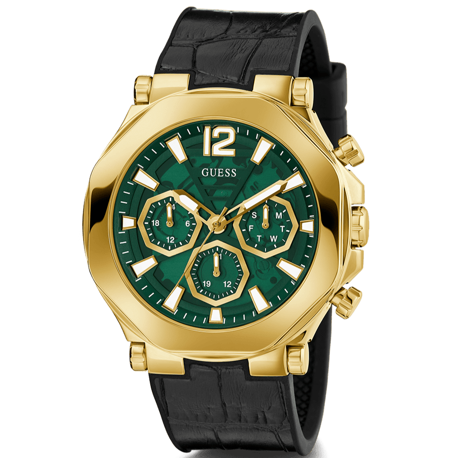 Guess Edge Chronograph Green Dial Black Leather Strap Watch For Men - GW0492G3